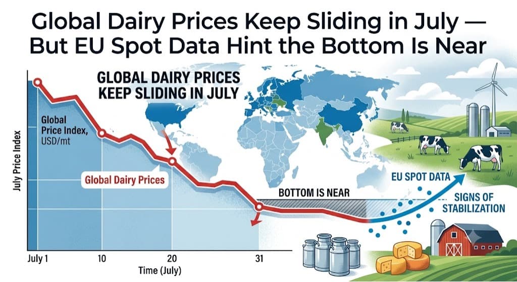 Global Dairy Prices Keep Sliding in July — But EU Spot Data Hint the Bottom Is Near